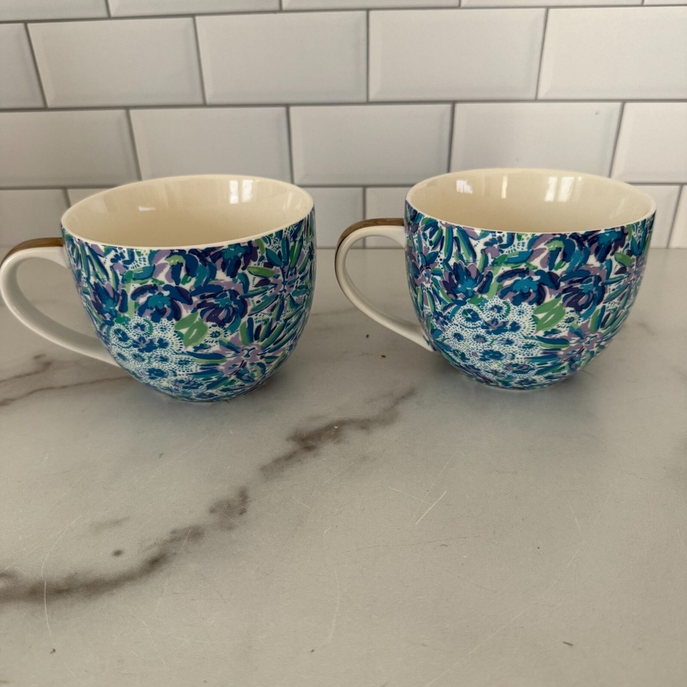 Lilly Pulitzer Ceramic Coffee Tea Cup Mug Tiger Lily Floral Set Of 2 Gold Handle - Picture 5 of 7